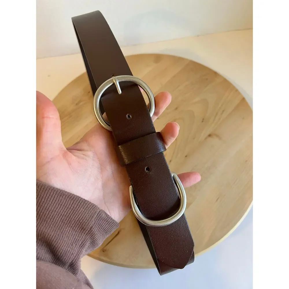 Brown Genuine Italian Leather USA Made Silver Loop Buckle Belt Size Large